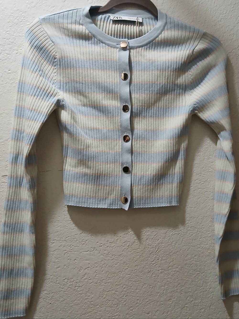 Zara Nwot M Pastel Striped Ribbed Cardigan - Light Blue & Cream